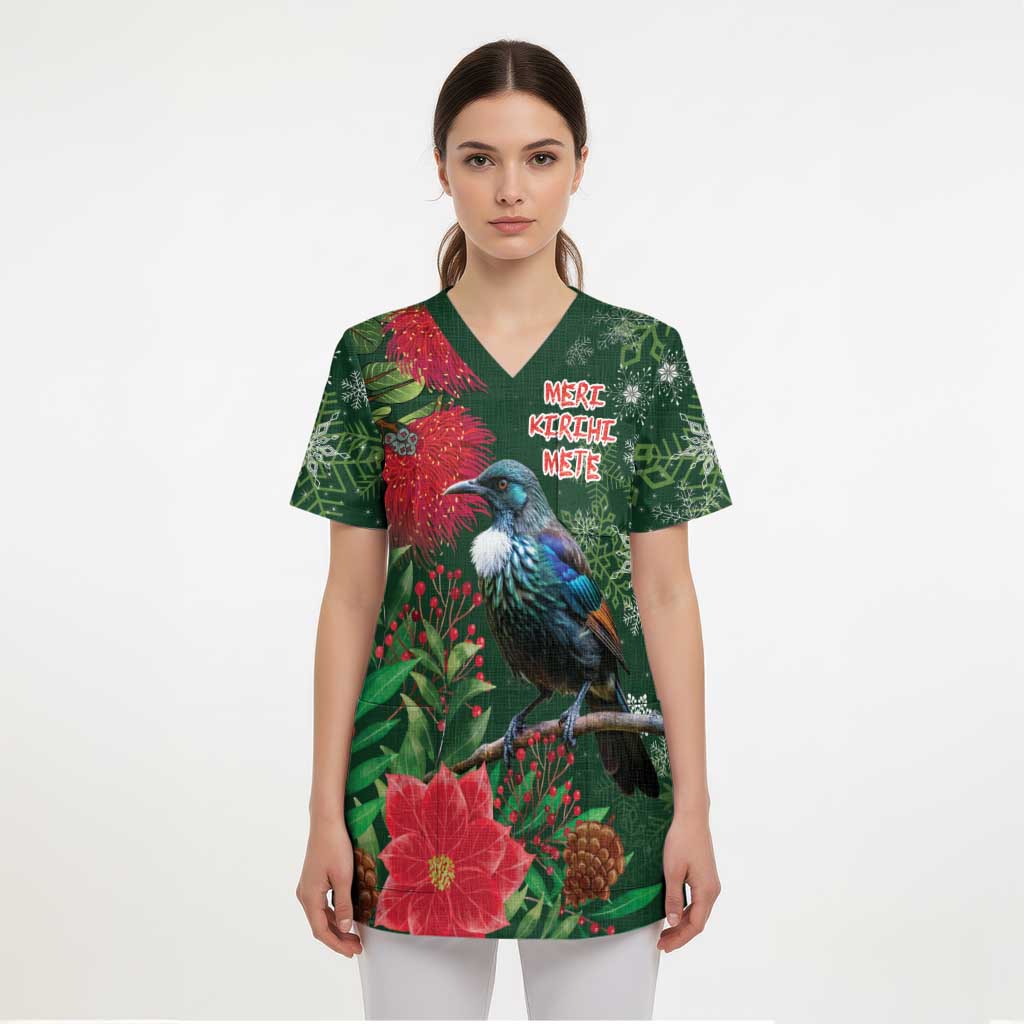 Tui Meri Kirihimete Personalised Scrub Top Pohutukawa Flowers Green Motif - Aussie Hoodie