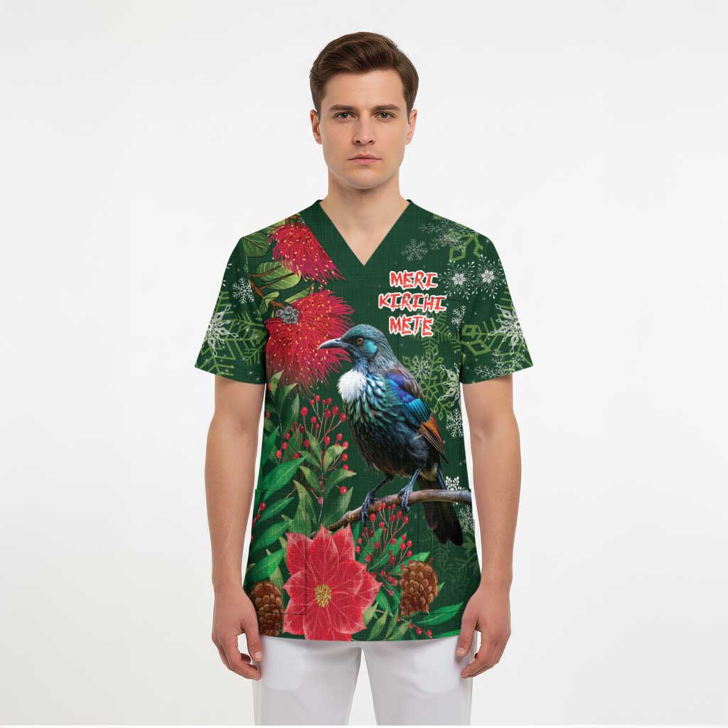 Tui Meri Kirihimete Personalised Scrub Top Pohutukawa Flowers Green Motif - Aussie Hoodie