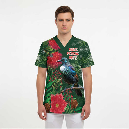Tui Meri Kirihimete Personalised Scrub Top Pohutukawa Flowers Green Motif - Aussie Hoodie
