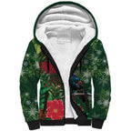 Tui Meri Kirihimete Personalised Sherpa Hoodie Pohutukawa Flowers Green Motif - Aussie Hoodie