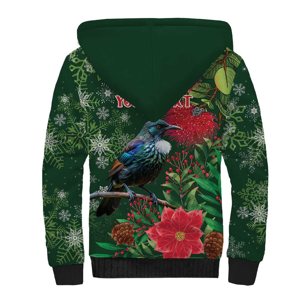 Tui Meri Kirihimete Personalised Sherpa Hoodie Pohutukawa Flowers Green Motif - Aussie Hoodie