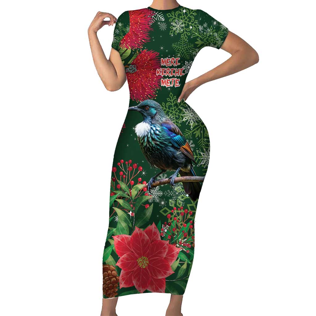 Tui Meri Kirihimete Personalised Short Sleeve Bodycon Dress Pohutukawa Flowers Green Motif - Aussie Hoodie