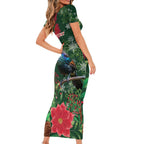 Tui Meri Kirihimete Personalised Short Sleeve Bodycon Dress Pohutukawa Flowers Green Motif - Aussie Hoodie