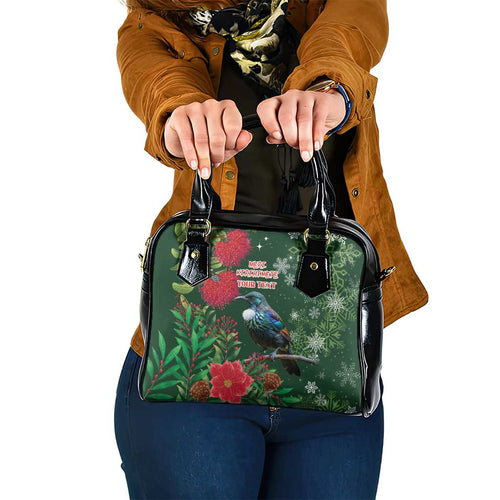 Tui Meri Kirihimete Personalised Shoulder Handbag Pohutukawa Flowers Green Motif - Aussie Hoodie