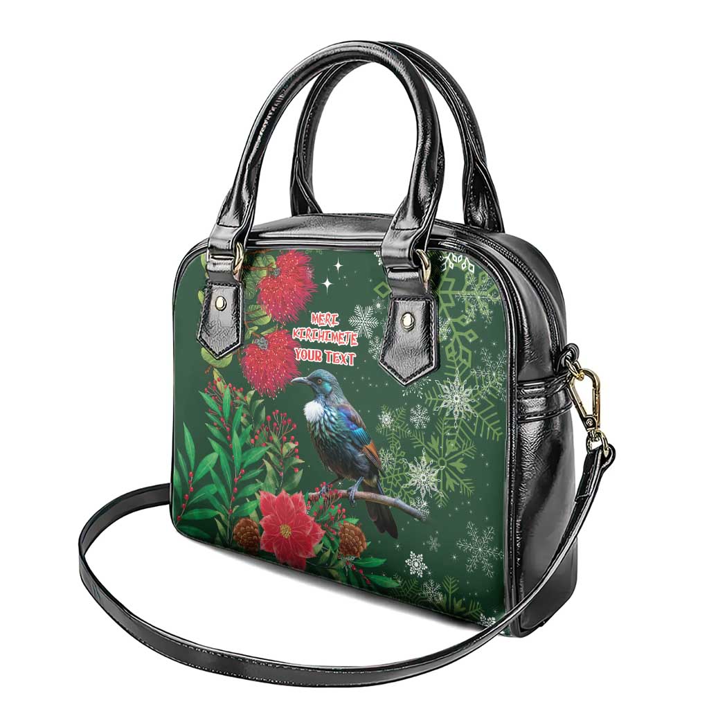 Tui Meri Kirihimete Personalised Shoulder Handbag Pohutukawa Flowers Green Motif - Aussie Hoodie