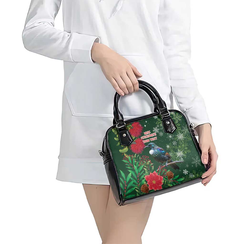Tui Meri Kirihimete Personalised Shoulder Handbag Pohutukawa Flowers Green Motif - Aussie Hoodie