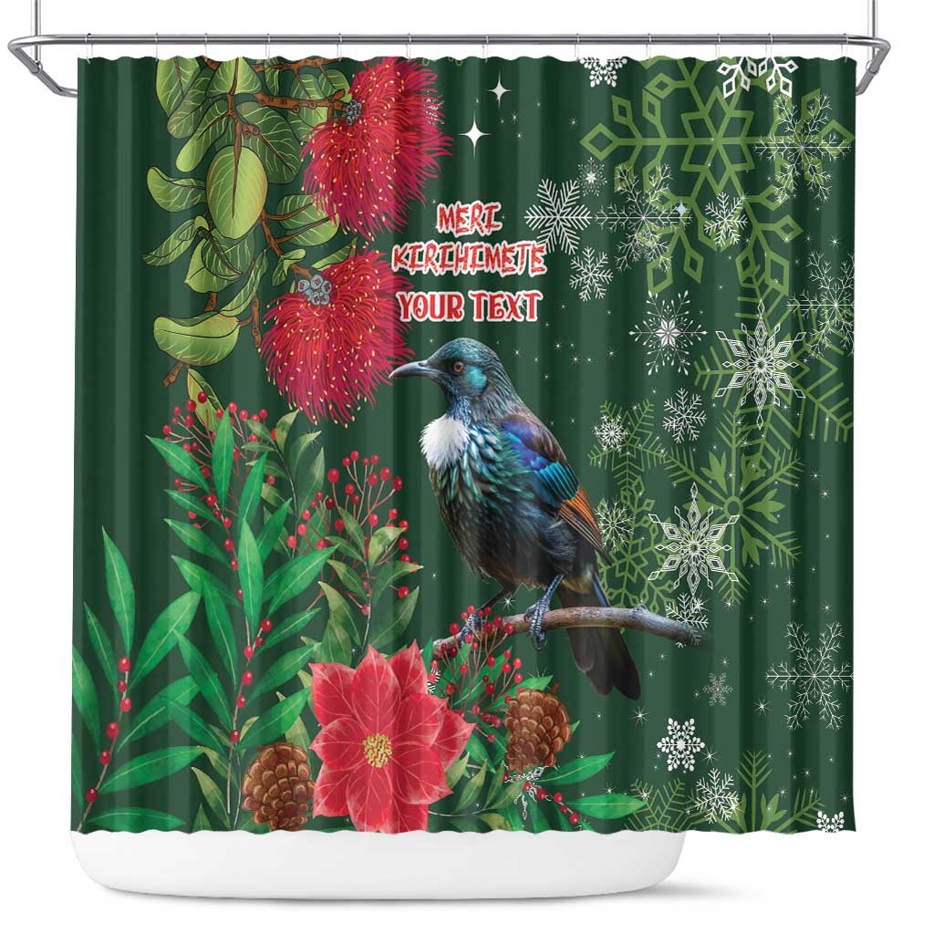 Tui Meri Kirihimete Personalised Shower Curtain Pohutukawa Flowers Green Motif - Aussie Hoodie