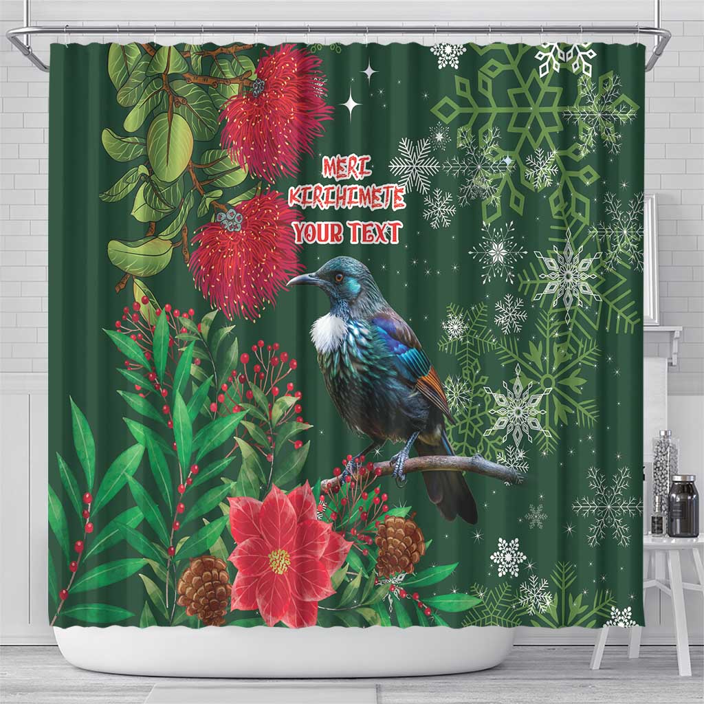 Tui Meri Kirihimete Personalised Shower Curtain Pohutukawa Flowers Green Motif - Aussie Hoodie
