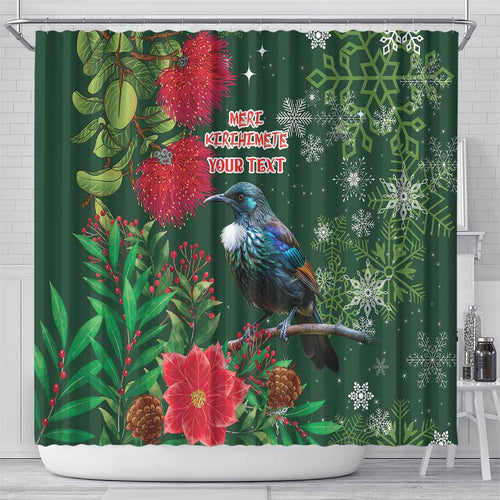 Tui Meri Kirihimete Personalised Shower Curtain Pohutukawa Flowers Green Motif - Aussie Hoodie