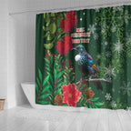 Tui Meri Kirihimete Personalised Shower Curtain Pohutukawa Flowers Green Motif - Aussie Hoodie