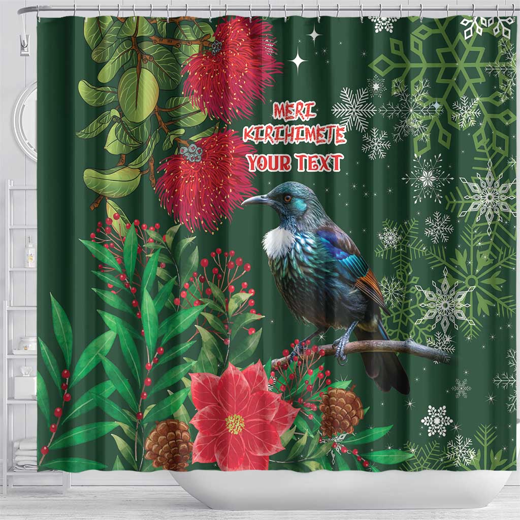 Tui Meri Kirihimete Personalised Shower Curtain Pohutukawa Flowers Green Motif - Aussie Hoodie