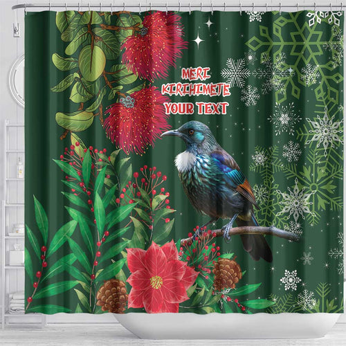 Tui Meri Kirihimete Personalised Shower Curtain Pohutukawa Flowers Green Motif - Aussie Hoodie