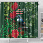 Tui Meri Kirihimete Personalised Shower Curtain Pohutukawa Flowers Green Motif - Aussie Hoodie