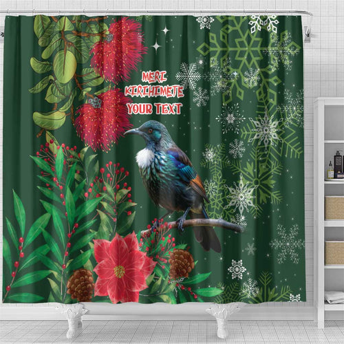 Tui Meri Kirihimete Personalised Shower Curtain Pohutukawa Flowers Green Motif - Aussie Hoodie