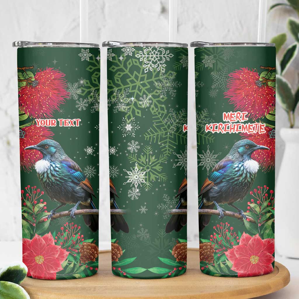 Tui Meri Kirihimete Personalised Skinny Tumbler Pohutukawa Flowers Green Motif - Aussie Hoodie