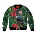 Tui Meri Kirihimete Personalised Sleeve Zip Bomber Jacket Pohutukawa Flowers Green Motif - Aussie Hoodie