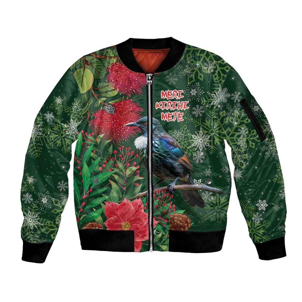 Tui Meri Kirihimete Personalised Sleeve Zip Bomber Jacket Pohutukawa Flowers Green Motif - Aussie Hoodie