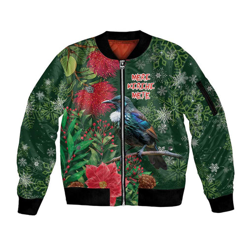 Tui Meri Kirihimete Personalised Sleeve Zip Bomber Jacket Pohutukawa Flowers Green Motif - Aussie Hoodie