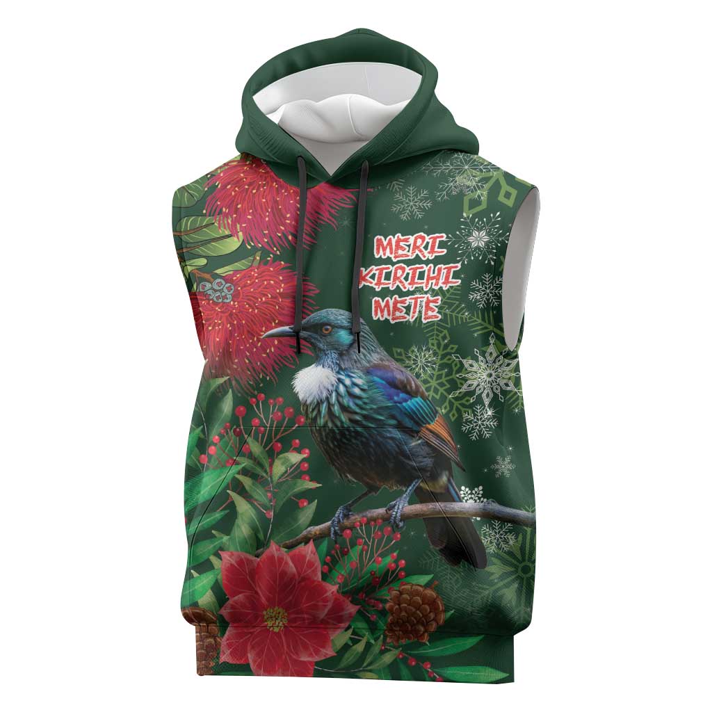 Tui Meri Kirihimete Personalised Sleeveless Hoodie Pohutukawa Flowers Green Motif - Aussie Hoodie