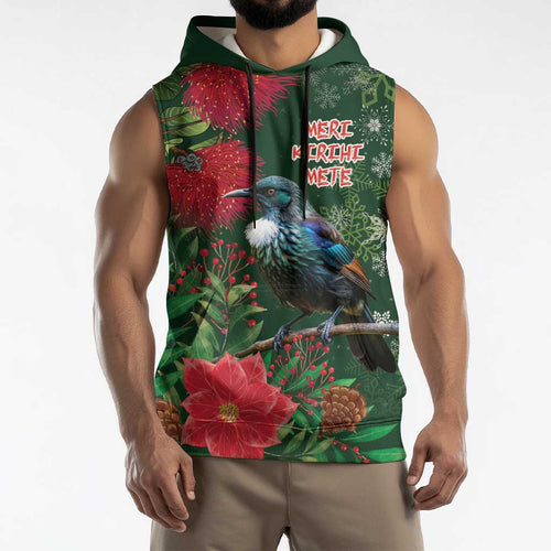 Tui Meri Kirihimete Personalised Sleeveless Hoodie Pohutukawa Flowers Green Motif - Aussie Hoodie