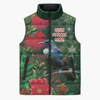 Tui Meri Kirihimete Personalised Sleeveless Puffer Jacket Pohutukawa Flowers Green Motif - Aussie Hoodie
