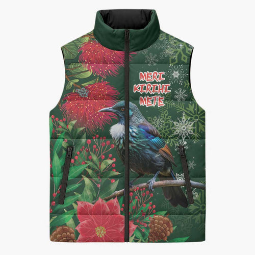 Tui Meri Kirihimete Personalised Sleeveless Puffer Jacket Pohutukawa Flowers Green Motif - Aussie Hoodie