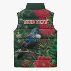 Tui Meri Kirihimete Personalised Sleeveless Puffer Jacket Pohutukawa Flowers Green Motif - Aussie Hoodie