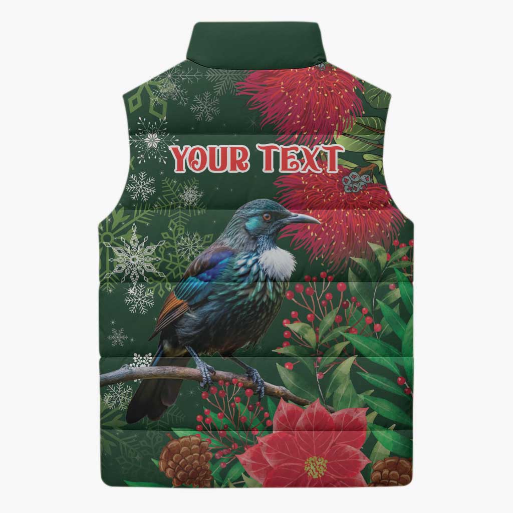Tui Meri Kirihimete Personalised Sleeveless Puffer Jacket Pohutukawa Flowers Green Motif - Aussie Hoodie
