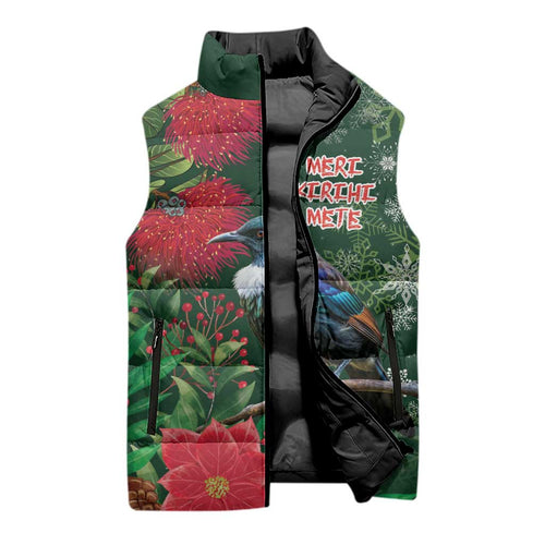Tui Meri Kirihimete Personalised Sleeveless Puffer Jacket Pohutukawa Flowers Green Motif - Aussie Hoodie