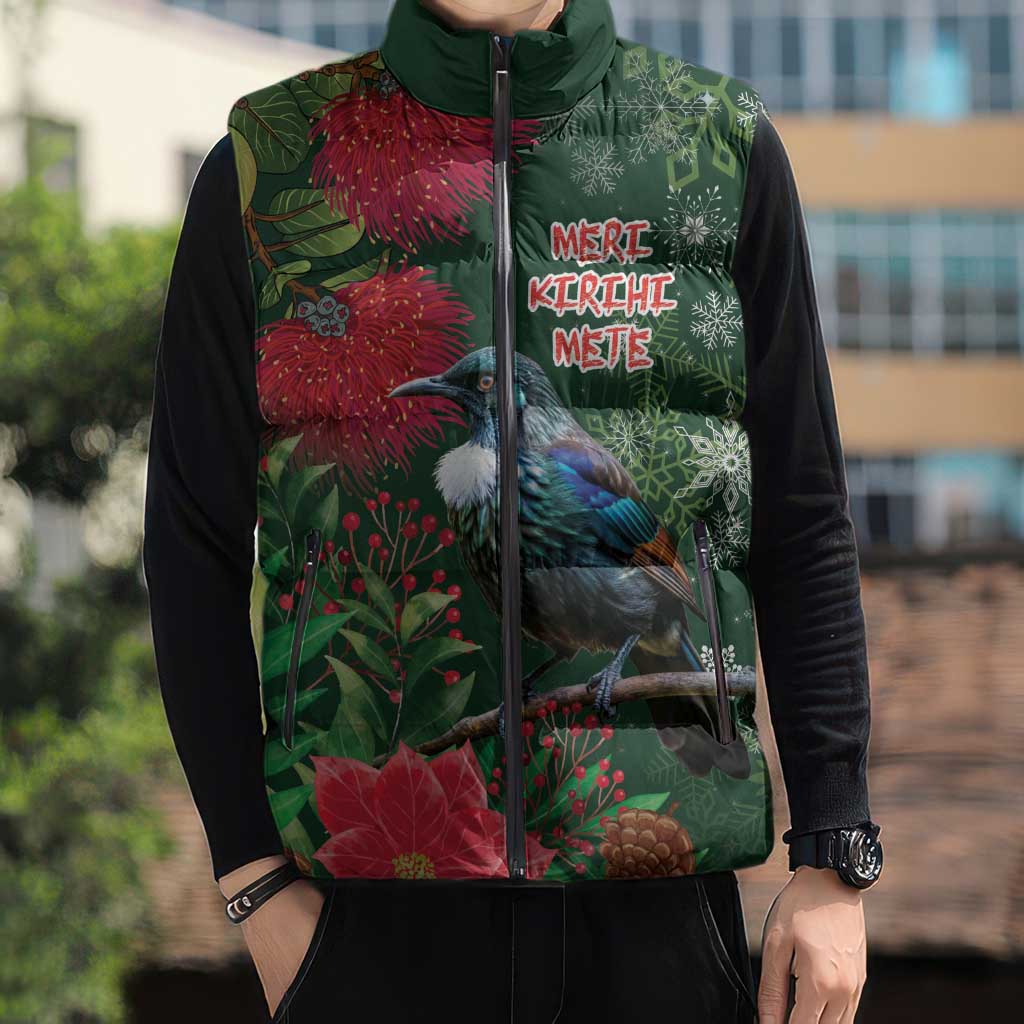 Tui Meri Kirihimete Personalised Sleeveless Puffer Jacket Pohutukawa Flowers Green Motif - Aussie Hoodie