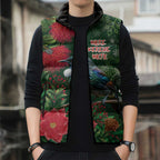 Tui Meri Kirihimete Personalised Sleeveless Puffer Jacket Pohutukawa Flowers Green Motif - Aussie Hoodie