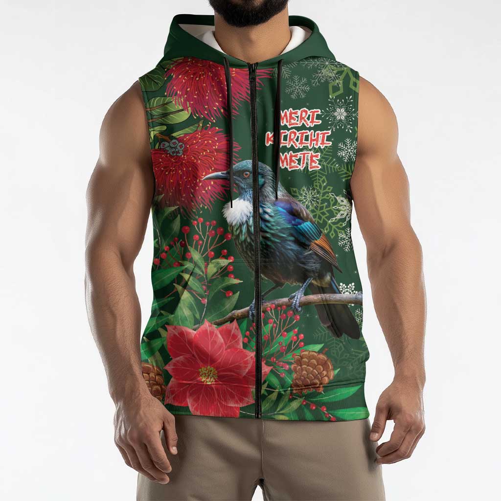 Tui Meri Kirihimete Personalised Sleeveless Zip Hoodie Pohutukawa Flowers Green Motif LT9
