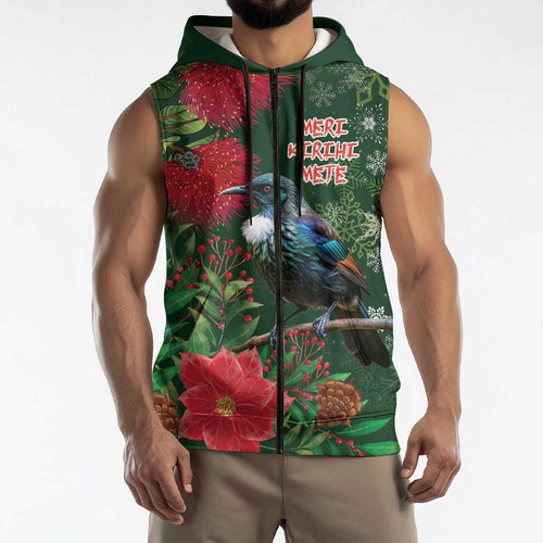 Tui Meri Kirihimete Personalised Sleeveless Zip Hoodie Pohutukawa Flowers Green Motif LT9