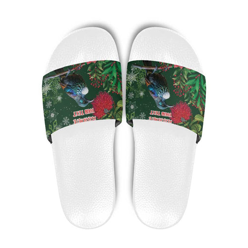 Tui Meri Kirihimete Personalised Slide Sandals Pohutukawa Flowers Green Motif - Aussie Hoodie