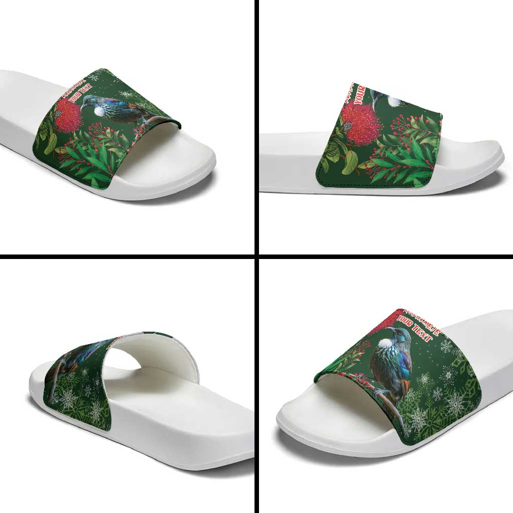Tui Meri Kirihimete Personalised Slide Sandals Pohutukawa Flowers Green Motif - Aussie Hoodie