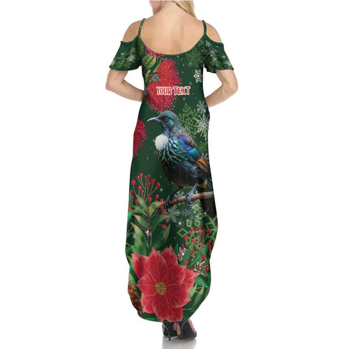 Tui Meri Kirihimete Personalised Summer Maxi Dress Pohutukawa Flowers Green Motif - Aussie Hoodie