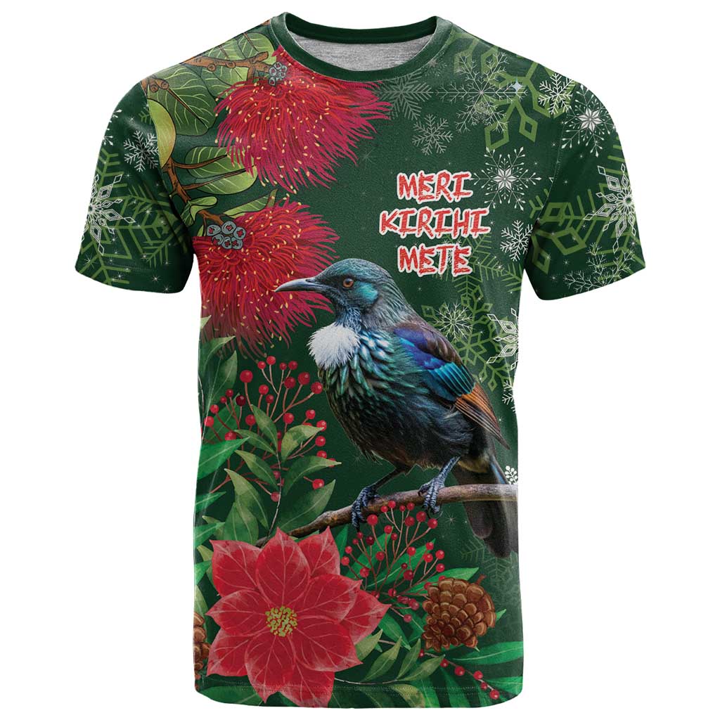 Tui Meri Kirihimete Personalised T Shirt Pohutukawa Flowers Green Motif - Aussie Hoodie