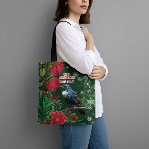 Tui Meri Kirihimete Personalised Tote Bag Pohutukawa Flowers Green Motif - Aussie Hoodie
