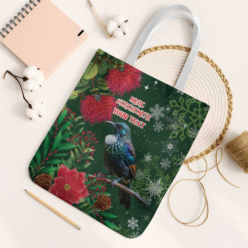 Tui Meri Kirihimete Personalised Tote Bag Pohutukawa Flowers Green Motif - Aussie Hoodie