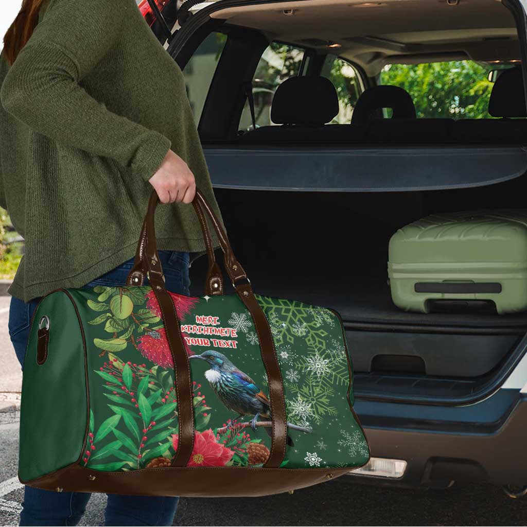 Tui Meri Kirihimete Personalised Travel Bag Pohutukawa Flowers Green Motif - Aussie Hoodie