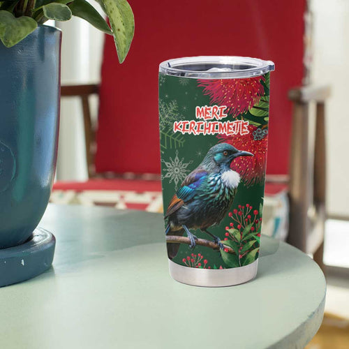 Tui Meri Kirihimete Personalised Tumbler Cup Pohutukawa Flowers Green Motif - Aussie Hoodie
