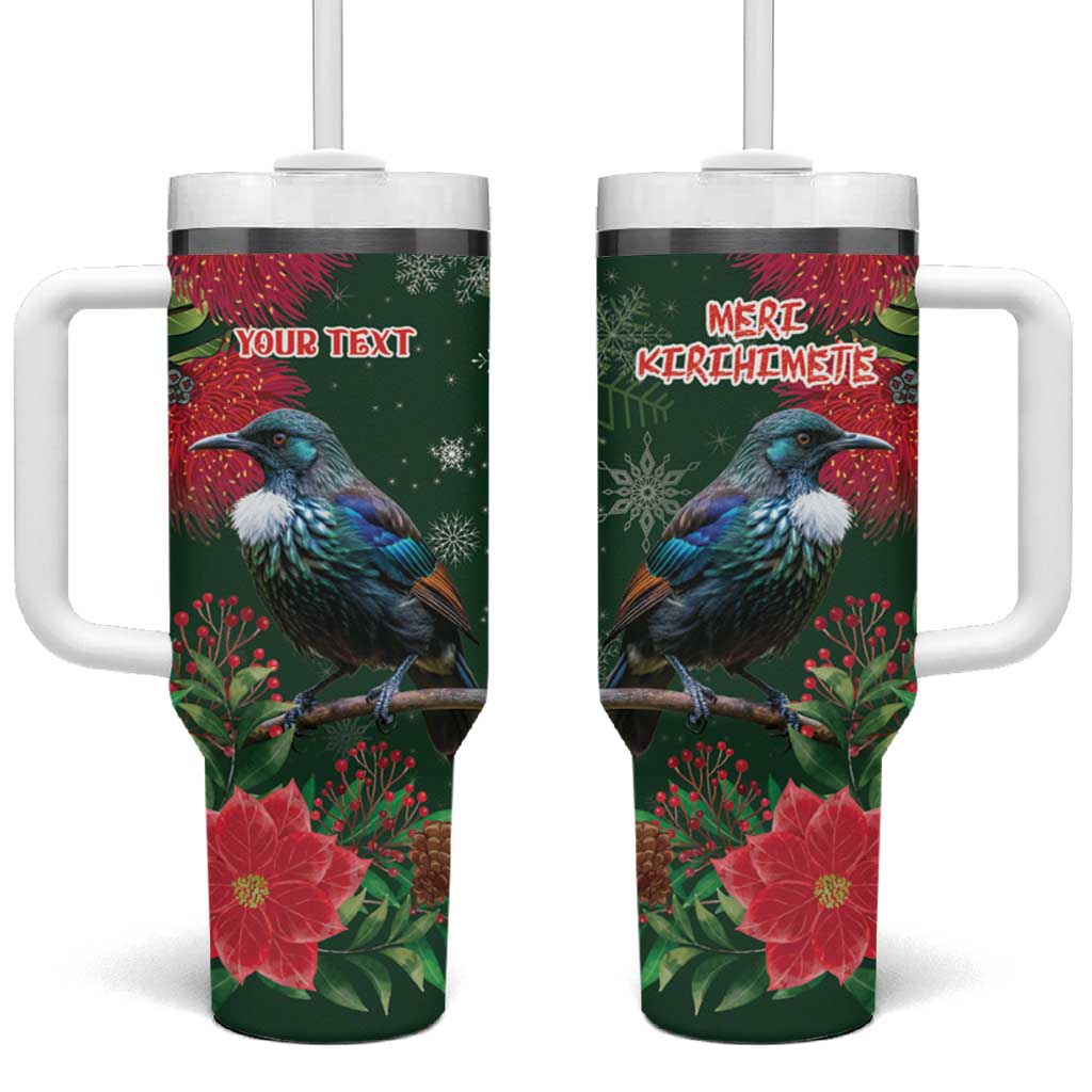 Tui Meri Kirihimete Personalised Tumbler With Handle Pohutukawa Flowers Green Motif - Aussie Hoodie