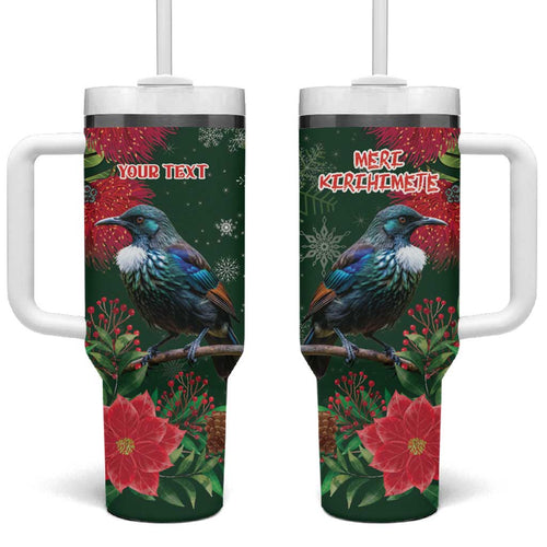 Tui Meri Kirihimete Personalised Tumbler With Handle Pohutukawa Flowers Green Motif - Aussie Hoodie