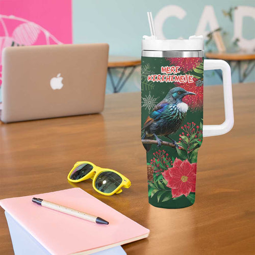 Tui Meri Kirihimete Personalised Tumbler With Handle Pohutukawa Flowers Green Motif - Aussie Hoodie
