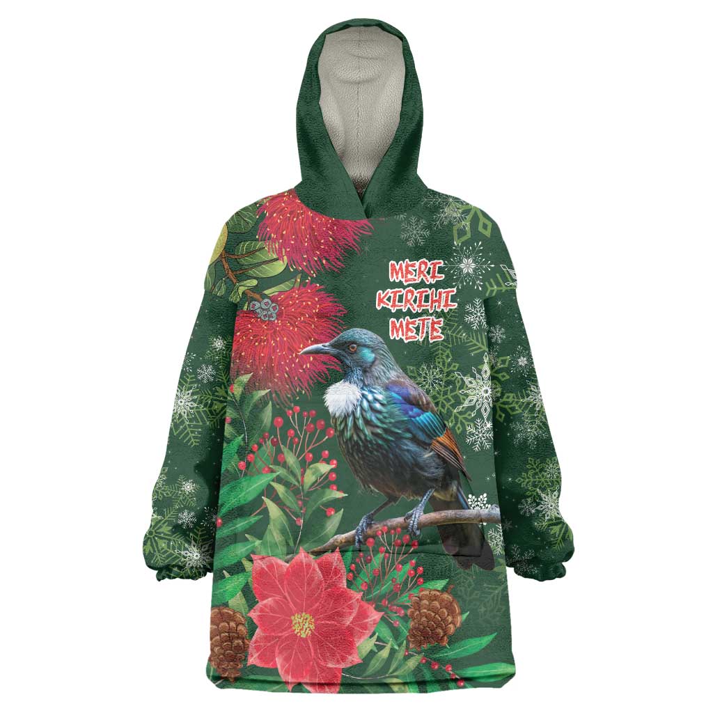 Tui Meri Kirihimete Personalised Wearable Blanket Hoodie Pohutukawa Flowers Green Motif - Aussie Hoodie