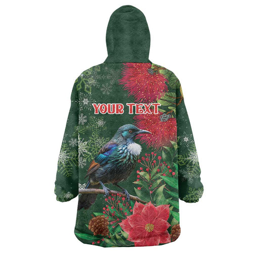 Tui Meri Kirihimete Personalised Wearable Blanket Hoodie Pohutukawa Flowers Green Motif - Aussie Hoodie