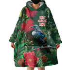 Tui Meri Kirihimete Personalised Wearable Blanket Hoodie Pohutukawa Flowers Green Motif - Aussie Hoodie