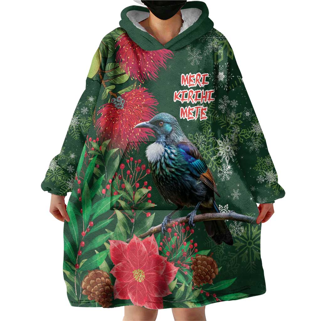 Tui Meri Kirihimete Personalised Wearable Blanket Hoodie Pohutukawa Flowers Green Motif - Aussie Hoodie