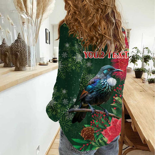 Tui Meri Kirihimete Personalised Women Casual Shirt Pohutukawa Flowers Green Motif - Aussie Hoodie