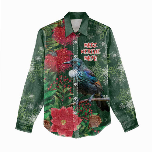 Tui Meri Kirihimete Personalised Women Casual Shirt Pohutukawa Flowers Green Motif - Aussie Hoodie